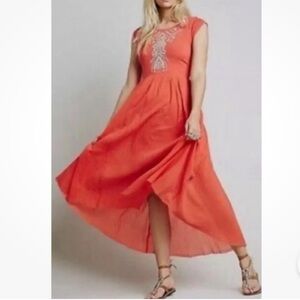 Free People S Coral Maxi Dress Meadows Embroidered Racerback Hi Low Boho